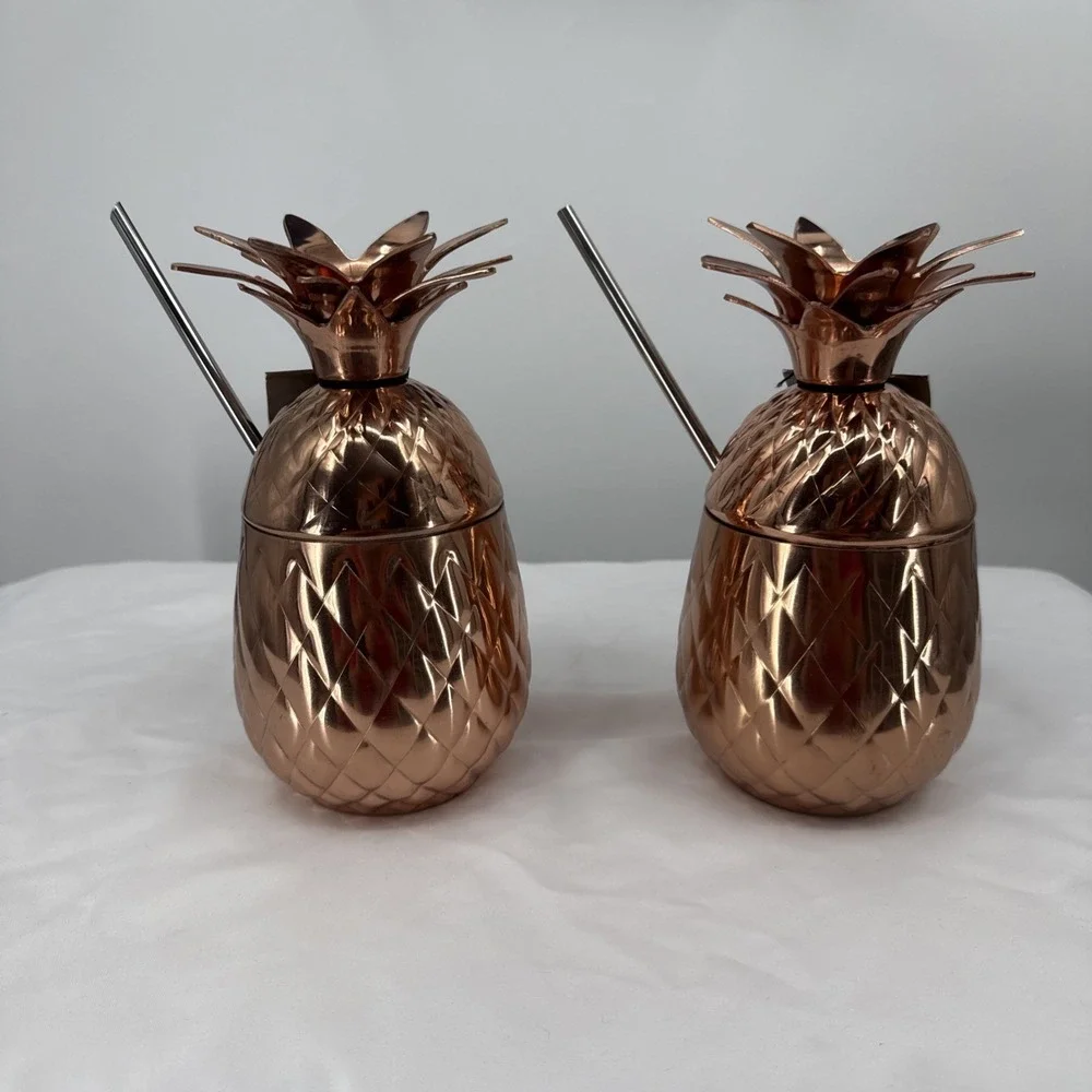 NWT Pier 1‎ Copper Pineapple Moscow Mule Drink Cups With Straw Bar Kitchen